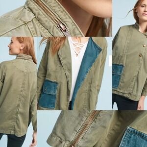 Anthropologie Current/Elliott Army Green Double Placket Denim Trim Jacket Womens